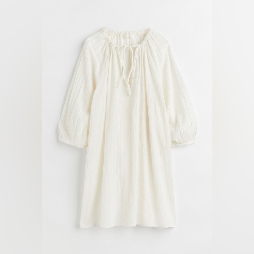 H&M White Peasant Renaissance Tunic Dress with Tie Neck